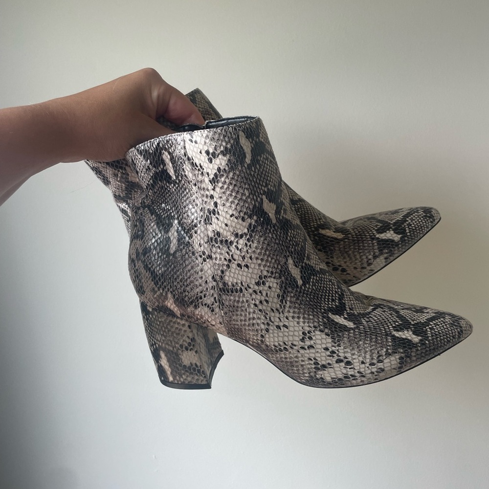 Marc Fisher Snake Print Ankle Booties in Beige Black